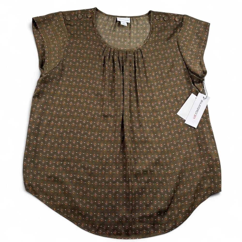 Liz Claiborne Blouse Women’s Large Brown Floral Top Short Sleeve NWT